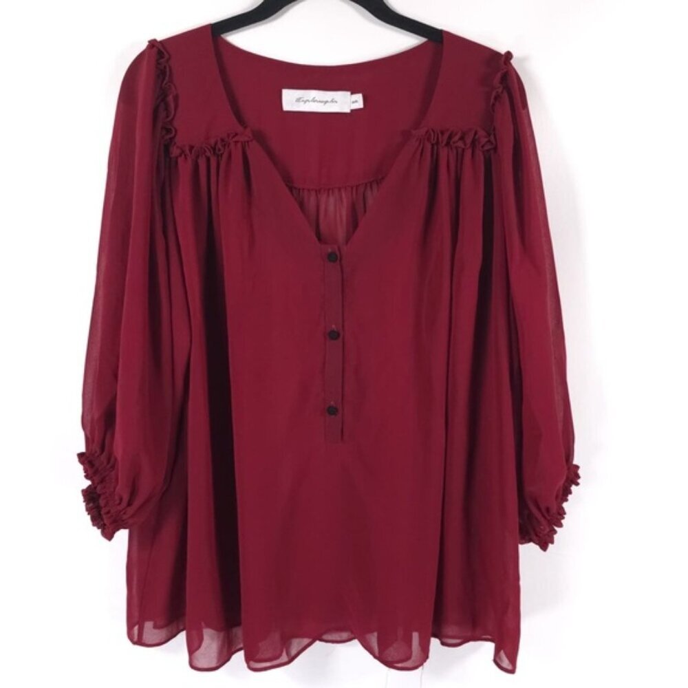 Misa Los Angeles‎ Sheer Chiffon Wine Top V neck Pleated Ruffle Size MEDIUM